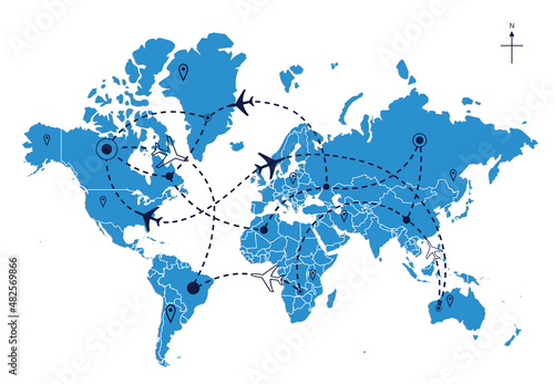 Airline Plane Flight Paths Travel Plans Map isolated , illustration 