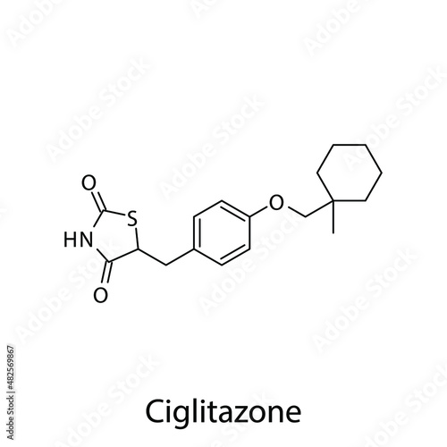 Ciglitazone molecular structure, flat skeletal chemical formula. Thiazolidinedione drug used to treat Diabetes type 2. Vector illustration.