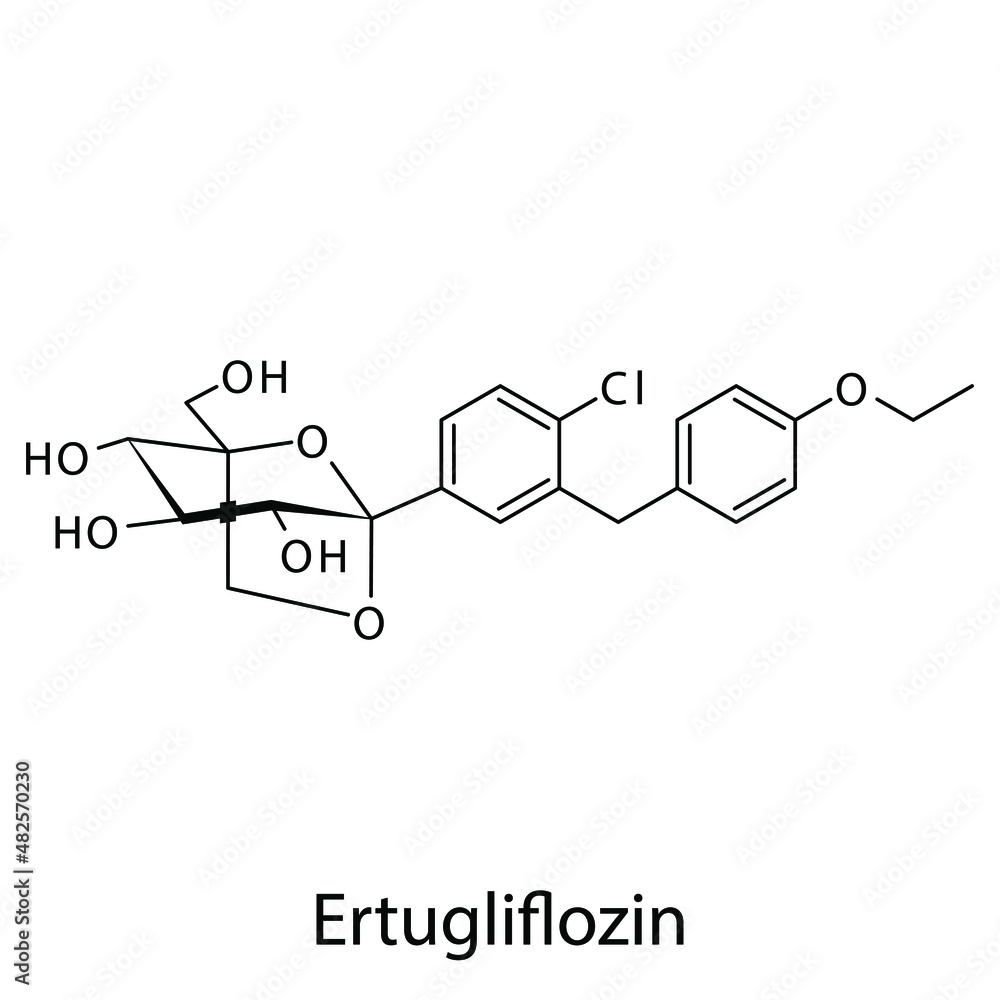Ertugliflozin molecular structure, flat skeletal chemical formula. SGLT2 inhibitor drug used to treat Diabetes type 2. Vector illustration. Ertugliflozin molecular structure, flat skeletal chemical formula. SGLT2 inhibitor drug used to treat Diabetes type 2. Vector illustration.