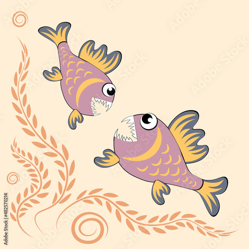 predatory evil piranha fish. Fabulous underwater world. Styling, cartoon style