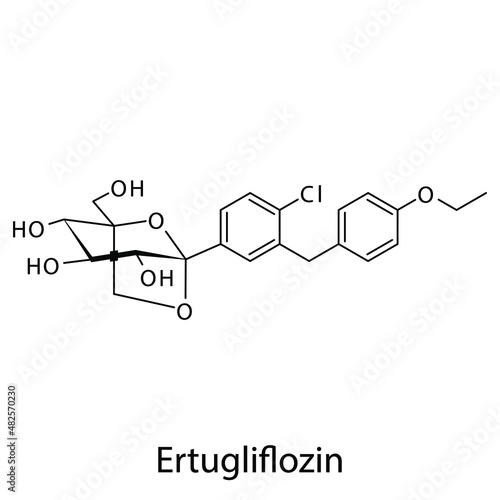 Ertugliflozin molecular structure, flat skeletal chemical formula. SGLT2 inhibitor drug used to treat Diabetes type 2. Vector illustration.