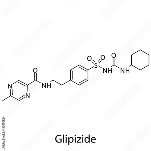 Glipizide molecular structure, flat skeletal chemical formula. Sulfonylureas  drug used to treat Diabetes type 2. Vector illustration.