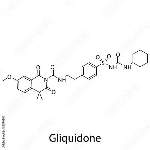 Gliquidone molecular structure, flat skeletal chemical formula. Sulfonylureas  drug used to treat Diabetes type 2. Vector illustration.