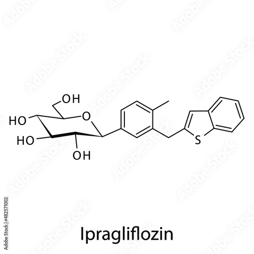 Ipragliflozin molecular structure, flat skeletal chemical formula. SGLT2 inhibitor drug used to treat Diabetes type 2. Vector illustration.