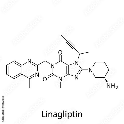 Linagliptin molecular structure, flat skeletal chemical formula. DPP4 inhibitor drug used to treat Diabetes type 2. Vector illustration.