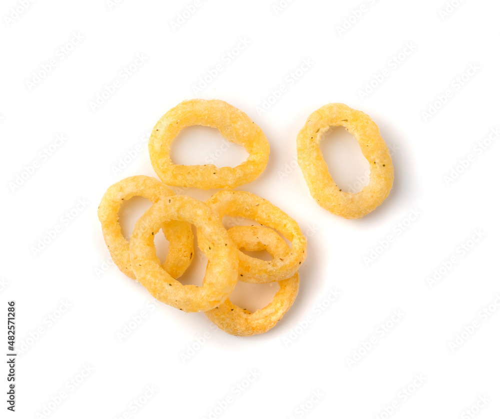 Corn Rings Isolated, Puffs with Spices Corn Rings Isolated, Puffs with Spices