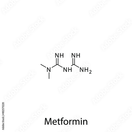Metformin molecular structure, flat skeletal chemical formula. Biguanide drug used to treat Diabetes type 2. Vector illustration.