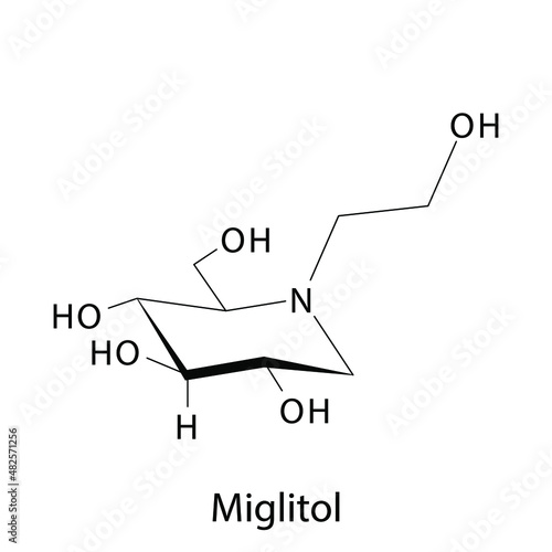 Miglitol molecular structure, flat skeletal chemical formula. Alpha-glucosidase inhibitor drug used to treat Diabetes type 2. Vector illustration.