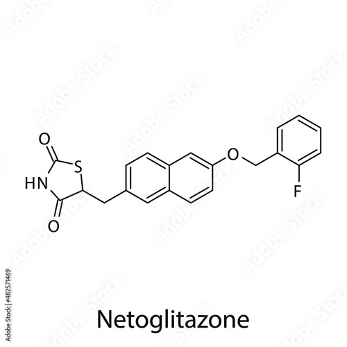 Netoglitazone molecular structure, flat skeletal chemical formula. Thiazolidinedione drug used to treat Diabetes type 2. Vector illustration.