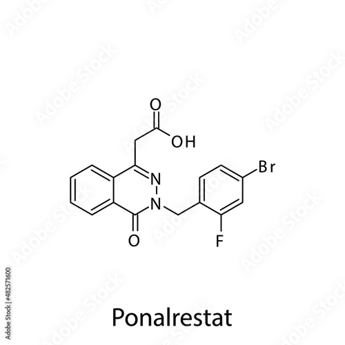 Ponalrestat molecular structure, flat skeletal chemical formula. Aldose reductase inhibitors drug used to treat Diabetes type 2. Vector illustration.