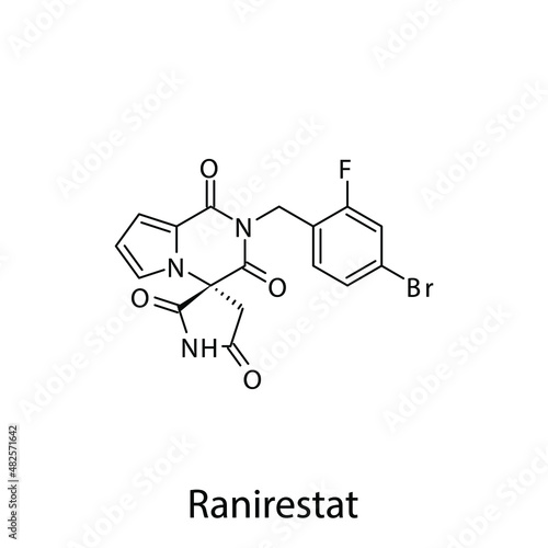 Ranirestat molecular structure, flat skeletal chemical formula. Aldose reductase inhibitors drug used to treat Diabetes type 2. Vector illustration.