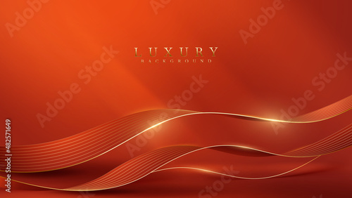 Golden curves on elegant orange background with glittering light effect decoration.