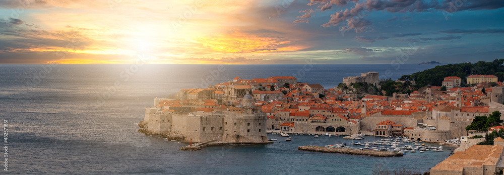 panoramic view of Dubrovnik city in Croatia at sunset