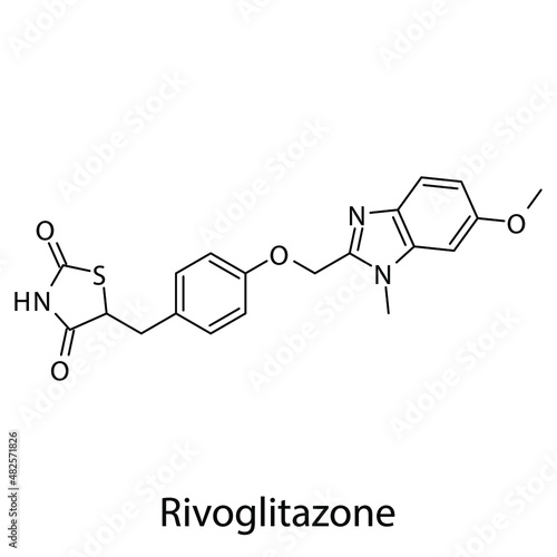 Rivoglitazone molecular structure, flat skeletal chemical formula. Thiazolidinedione drug used to treat Diabetes type 2. Vector illustration.