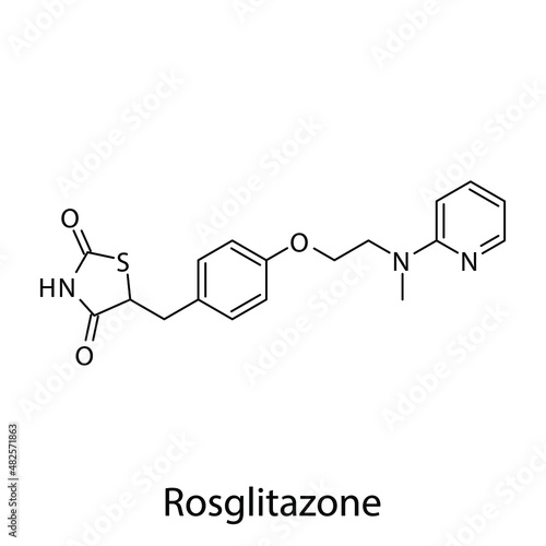 Rosglitazone molecular structure, flat skeletal chemical formula. Thiazolidinedione drug used to treat Diabetes type 2. Vector illustration.