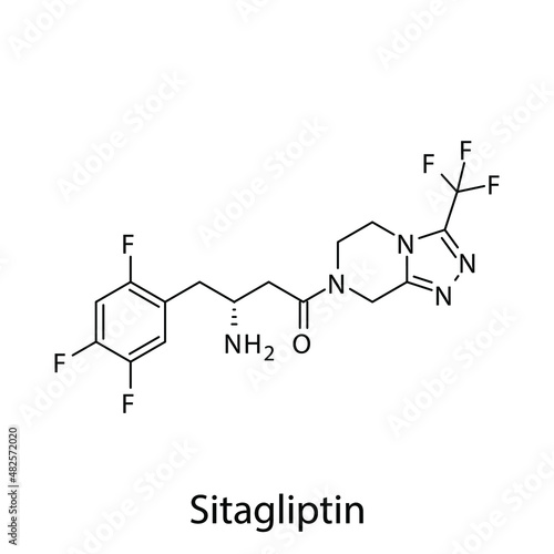 Sitagliptin molecular structure, flat skeletal chemical formula. DPP4 inhibitor drug used to treat Diabetes type 2. Vector illustration.