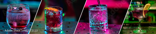 Horizontal flyer with set of glasses with different alcoholic drinks and cocktails on gradient pink-purple background in neon light.