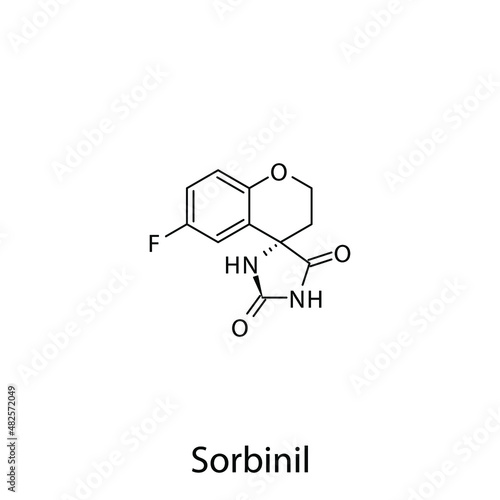 Sorbinil molecular structure, flat skeletal chemical formula. Aldose reductase inhibitors drug used to treat Diabetes type 2. Vector illustration.