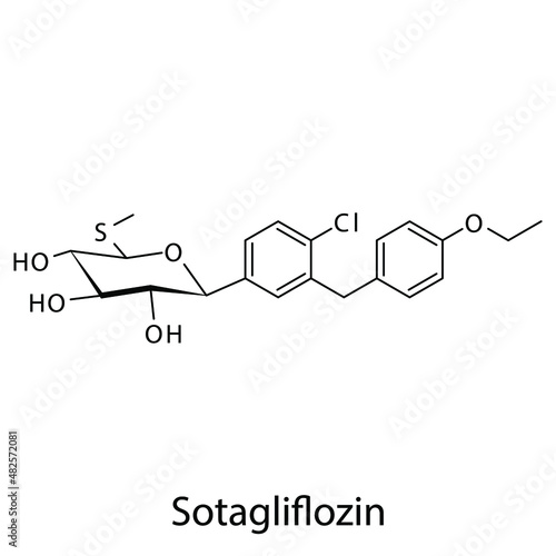 Sotagliflozin molecular structure, flat skeletal chemical formula. SGLT2 inhibitor drug used to treat Diabetes type 2. Vector illustration.