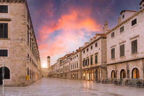 view of the main street in the old town of Dubrovnik city in Croatia at sunset.