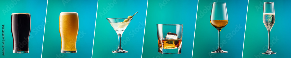 Horizontal flyer with set of glasses with different alcoholic drinks and cocktails on blue background in neon light. - obrazy, fototapety, plakaty 