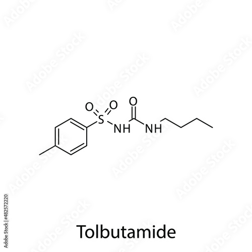 Tolbutamide molecular structure, flat skeletal chemical formula. Sulfonylureas  drug used to treat Diabetes type 2. Vector illustration.
