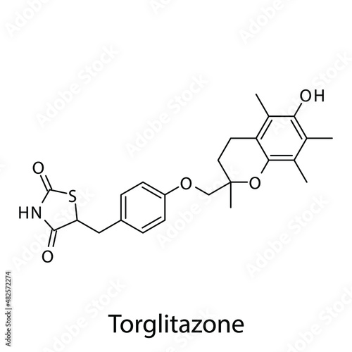 Torglitazone molecular structure, flat skeletal chemical formula. Thiazolidinedione drug used to treat Diabetes type 2. Vector illustration.