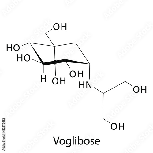 Voglibose molecular structure, flat skeletal chemical formula. Alpha-glucosidase inhibitor drug used to treat Diabetes type 2. Vector illustration.