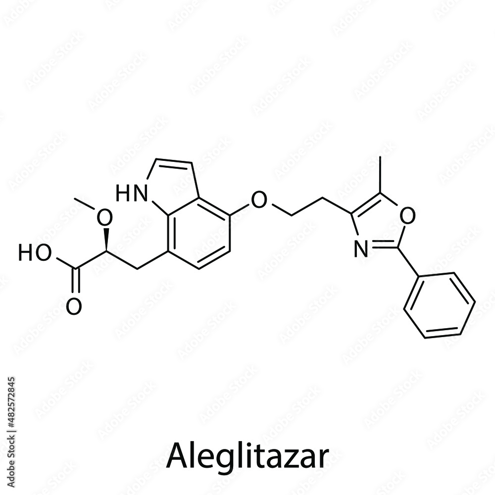 Aleglitazar molecular structure, flat skeletal chemical formula. Dual PPAR agonist drug used to treat Diabetes type 2. Vector illustration.