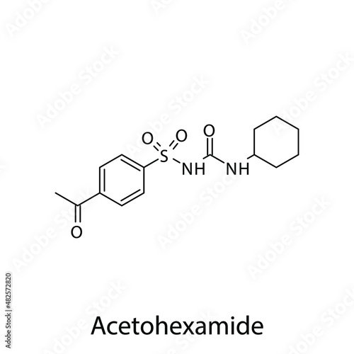 Acetohexamide molecular structure, flat skeletal chemical formula. Sulfonylureas  drug used to treat Diabetes type 2. Vector illustration.