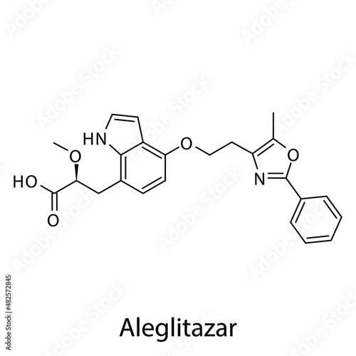 Aleglitazar molecular structure, flat skeletal chemical formula. Dual PPAR agonist drug used to treat Diabetes type 2. Vector illustration.