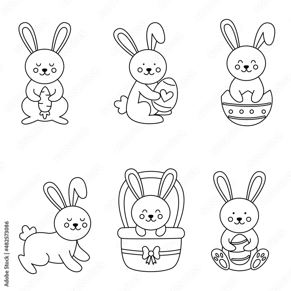 Set of cute black and white Easter rabbits in cartoon style. Set of cute black and white Easter rabbits in cartoon style.
