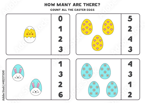 Counting game with Easter eggs. Educational worksheet.