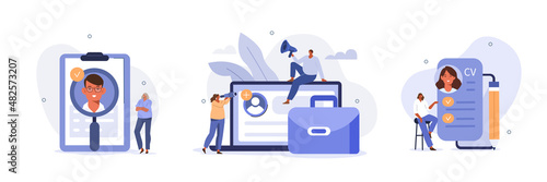 Hiring illustration set. Hr managers searching potential job candidates and analyzing CV. Character applying for work position. Job recruitment process concept. Vector illustration.