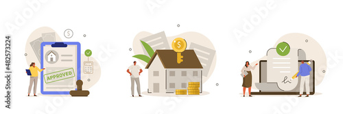 Mortgage process illustration set. People buying property with mortgage.  Characters getting bank approval, signing contact and legal documents and receiving house keys. Vector illustration.