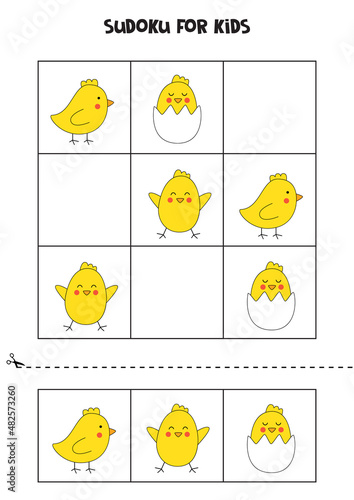 Sudoku game with cartoon Easter chickens for kids.