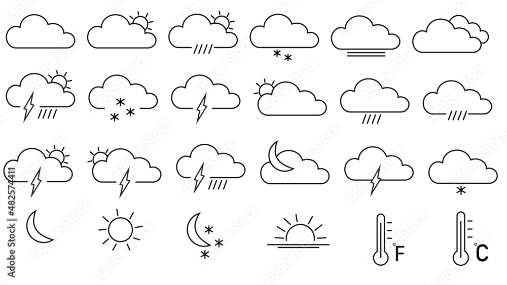 Set of 24 weather web icons in line style. Weather , clouds, sunny day, moon, snowflakes, wind, sun day. Vector illustration. Set of 24 weather web icons in line style. Weather , clouds, sunny day, moon, snowflakes, wind, sun day. Vector illustration.