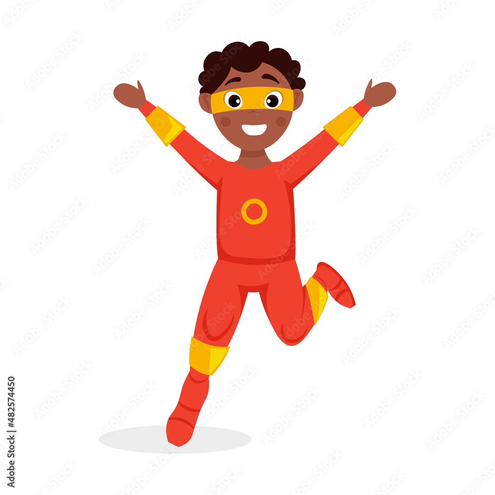 Kid wearing colorful superhero costume isolated on white background. Cute Super Boy. Cartoon vector illustration. Kid wearing colorful superhero costume isolated on white background. Cute Super Boy. Cartoon vector illustration.
