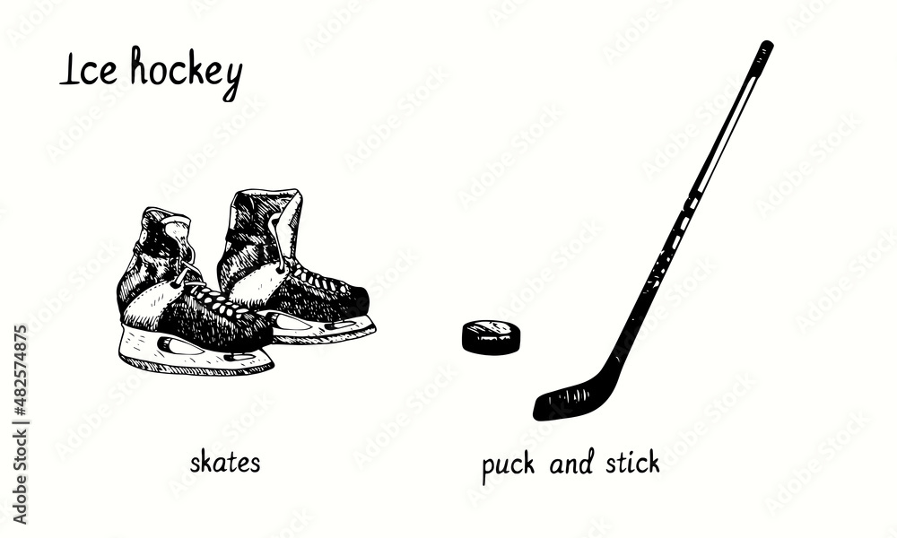 Ice hockey skates, stick and puck. Ink black and white doodle drawing in woodcut style.