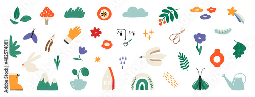 Spring clipart. Abstract flowers, plants, bird, butterfly, rainbow, garden tools, face, mountain. Set of various spring elements in a simple flat style.Vector illustration isolated on white background