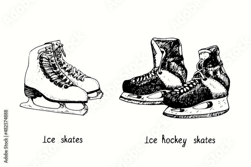Ice skates and ice hockey skates. Ink black and white doodle drawing in woodcut style.