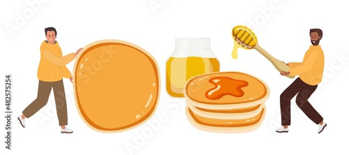 Breakfast with honey and pancakes. Tiny men cooking pancakes with honey. Honey jar, pancakes, wooden spoon with honey drops isolated on white background. Organic food eco template. Tasty breakfast.