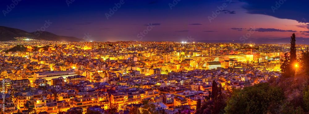 Beautiful panorama of night Athens, Greece, Europe. View of the city at night