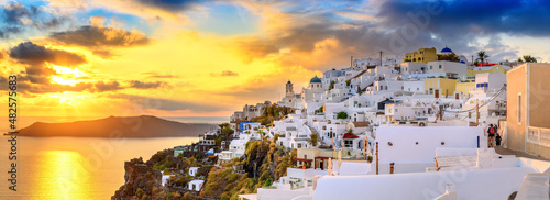 Fantastic sunset on famous view over greek resort Fira, Greece, Europe. luxury travel. famous travel landscape. Summer holidays. Travel concept background.