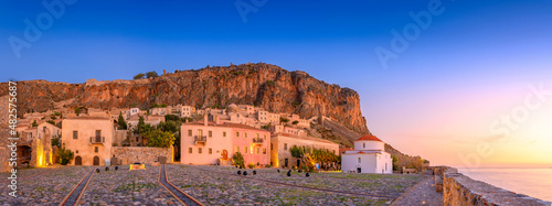 picturesque parorama old medieval castle town of Monemvasia in Lakonia at sunrise, Peloponnese, Greece. "Greek Gibraltar"