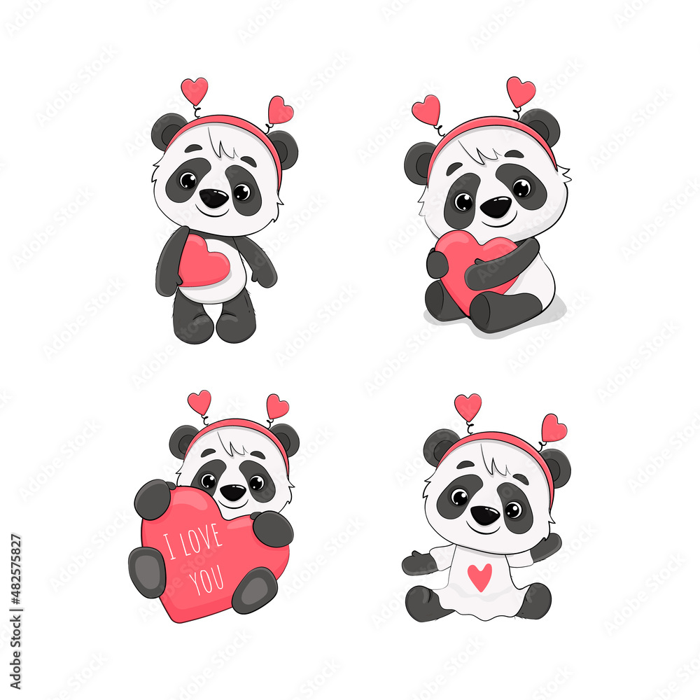 Set of Cute Cartoon Pandas isolated on a white background.Valentine's day card. Vector illustration