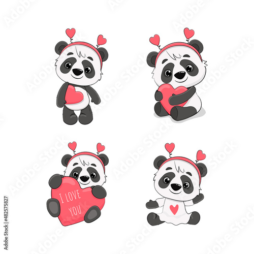 Fototapeta Naklejka Na Ścianę i Meble -  Set of Cute Cartoon Pandas isolated on a white background.Valentine's day card. Vector illustration