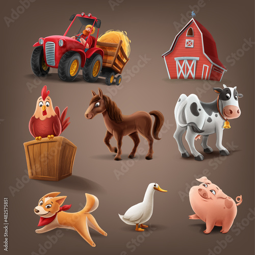 set of farm animals icons and farmer on tractor with house