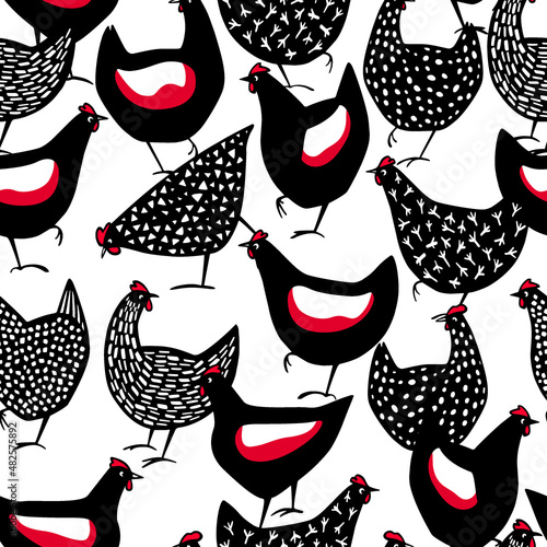 Vector seamless pattern with hand drawn speckled and black hens. Beautiful ink drawing, perfect for food or farming design.
