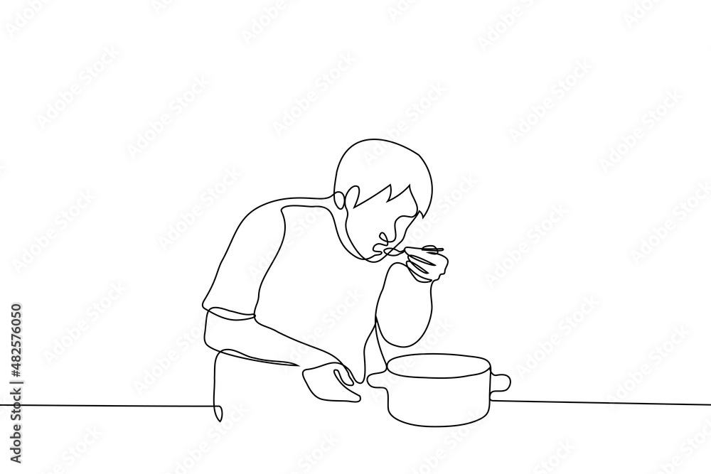 man eats with spoon straight from pan - one line drawing vector. concept of night eating, compulsive overeating, eating disorder, diet violation